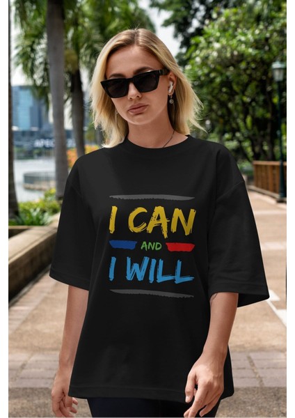 I Can And I Will Ön Baskılı Siyah Oversize T-Shirt Erkek Kadın Bisiklet Yaka indirimleri