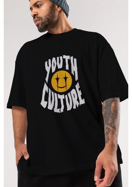 Youth Culture Ön Baskılı Siyah Oversize T-Shirt Erkek Kadın Bisiklet Yaka indirimleri