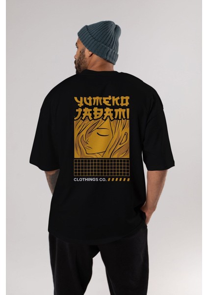Yumeko Jadami Arka Baskılı Siyah Oversize T-Shirt Erkek Kadın Bisiklet Yaka