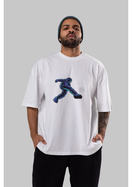 Astroball In Space Ön Baskılı Beyaz Oversize T-Shirt Erkek Kadın Bisiklet Yaka