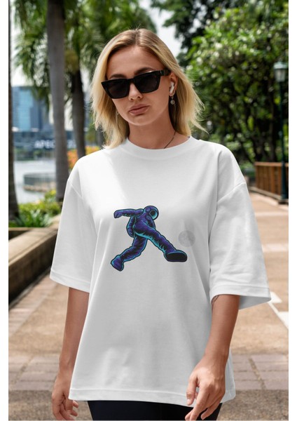 Astroball In Space Ön Baskılı Beyaz Oversize T-Shirt Erkek Kadın Bisiklet Yaka modelleri