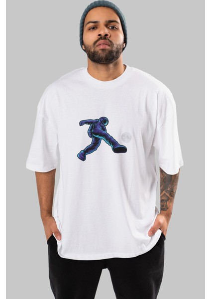 Astroball In Space Ön Baskılı Beyaz Oversize T-Shirt Erkek Kadın Bisiklet Yaka fırsatları