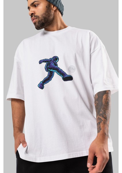Astroball In Space Ön Baskılı Beyaz Oversize T-Shirt Erkek Kadın Bisiklet Yaka indirimleri