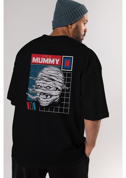 The Mummy Arka Baskılı Siyah Oversize T-Shirt Erkek Kadın Bisiklet Yaka