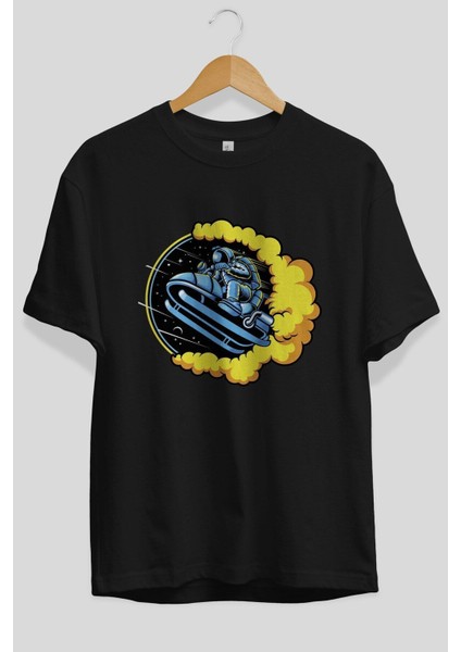 Astrojump With Snowmobile Ön Baskılı Siyah Oversize T-Shirt Erkek Kadın Bisiklet Yaka