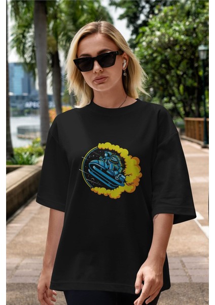 Astrojump With Snowmobile Ön Baskılı Siyah Oversize T-Shirt Erkek Kadın Bisiklet Yaka modelleri