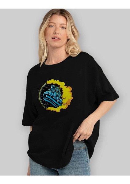 Astrojump With Snowmobile Ön Baskılı Siyah Oversize T-Shirt Erkek Kadın Bisiklet Yaka fırsatları