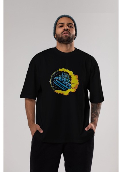 Astrojump With Snowmobile Ön Baskılı Siyah Oversize T-Shirt Erkek Kadın Bisiklet Yaka indirimleri