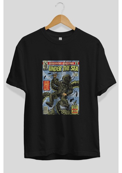 Under The Sea Ön Baskılı Siyah Oversize T-Shirt Erkek Kadın Bisiklet Yaka modelleri