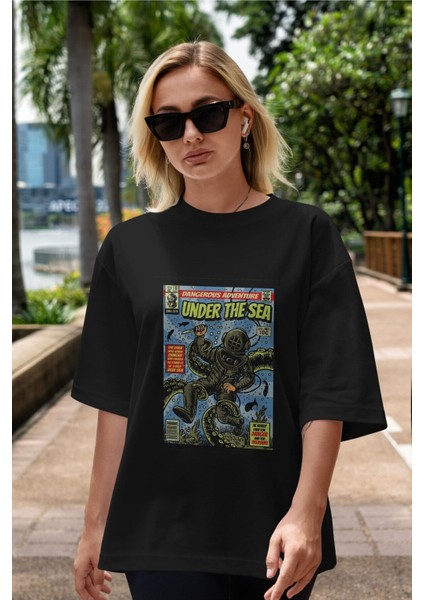Under The Sea Ön Baskılı Siyah Oversize T-Shirt Erkek Kadın Bisiklet Yaka fırsatları