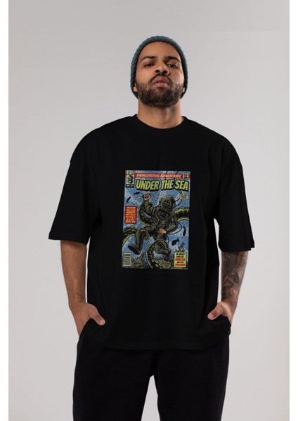 Under The Sea Ön Baskılı Siyah Oversize T-Shirt Erkek Kadın Bisiklet Yaka indirimleri
