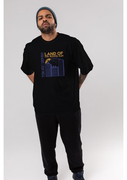 Tokyo Ön Baskılı Siyah Oversize T-Shirt Erkek Kadın Bisiklet Yaka