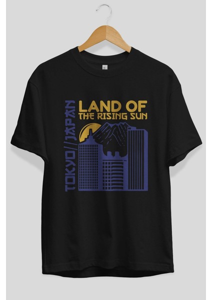 Tokyo Ön Baskılı Siyah Oversize T-Shirt Erkek Kadın Bisiklet Yaka modelleri