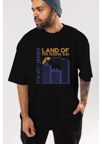 Tokyo Ön Baskılı Siyah Oversize T-Shirt Erkek Kadın Bisiklet Yaka fırsatları