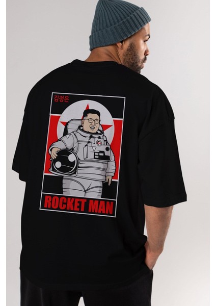 Astronot Kim Arka Baskılı Siyah Oversize T-Shirt Erkek Kadın Bisiklet Yaka