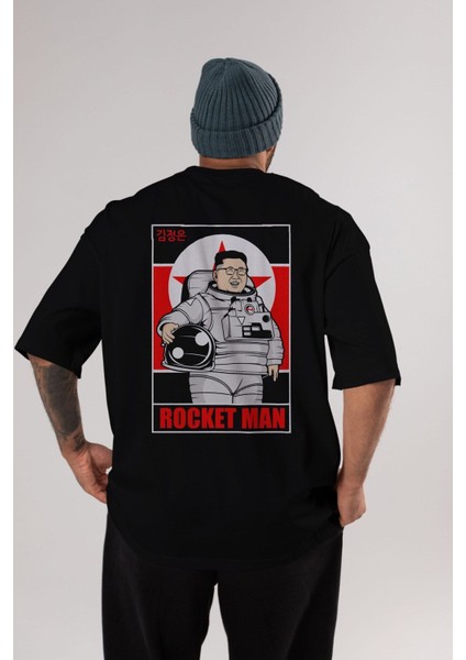Astronot Kim Arka Baskılı Siyah Oversize T-Shirt Erkek Kadın Bisiklet Yaka indirimleri