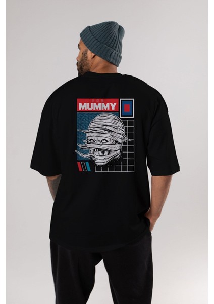 The Mummy Arka Baskılı Siyah Oversize T-Shirt Erkek Kadın Bisiklet Yaka fırsatları