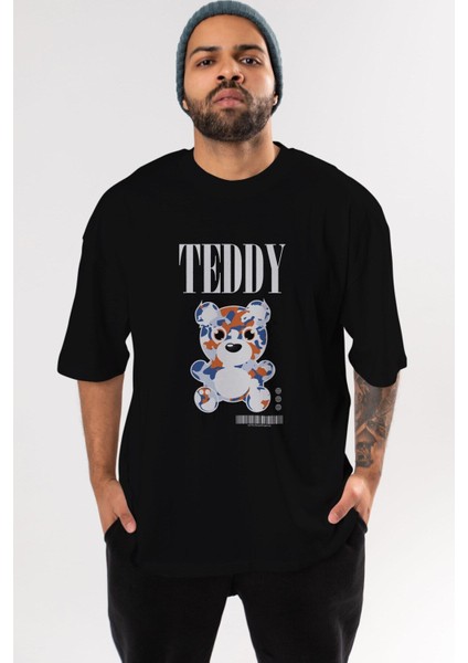 Teddy Bear Streetwear Ön Baskılı Siyah Oversize T-Shirt Erkek Kadın Bisiklet Yaka