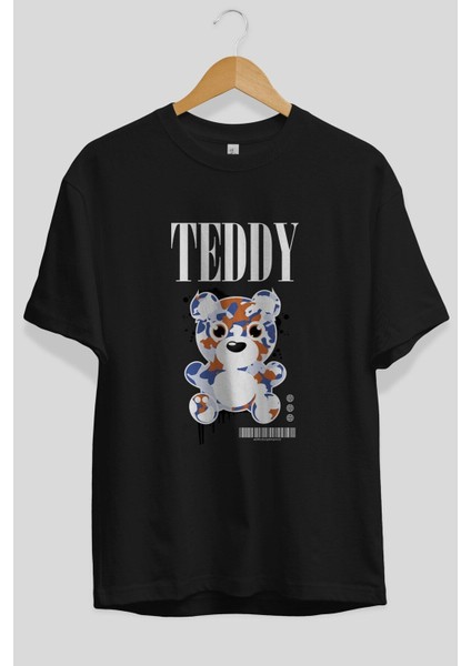Teddy Bear Streetwear Ön Baskılı Siyah Oversize T-Shirt Erkek Kadın Bisiklet Yaka fiyatları
