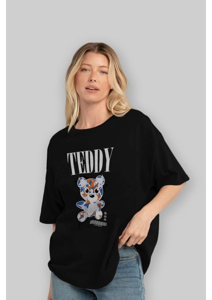 Teddy Bear Streetwear Ön Baskılı Siyah Oversize T-Shirt Erkek Kadın Bisiklet Yaka modelleri
