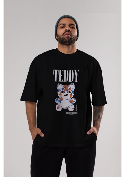 Teddy Bear Streetwear Ön Baskılı Siyah Oversize T-Shirt Erkek Kadın Bisiklet Yaka fırsatları