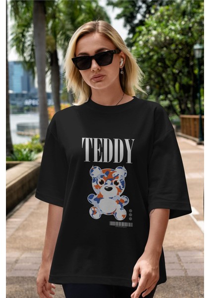 Teddy Bear Streetwear Ön Baskılı Siyah Oversize T-Shirt Erkek Kadın Bisiklet Yaka indirimleri