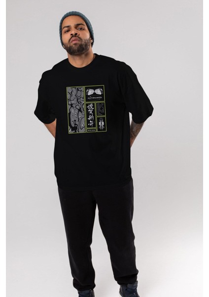 Neon Japanese Streetwear Ön Baskılı Siyah Oversize T-Shirt Erkek Kadın Bisiklet Yaka modelleri