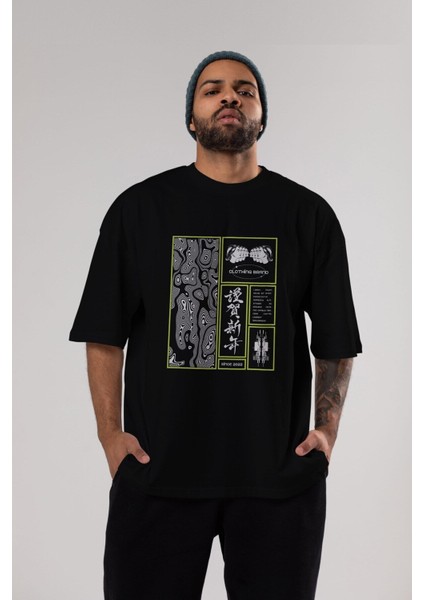 Neon Japanese Streetwear Ön Baskılı Siyah Oversize T-Shirt Erkek Kadın Bisiklet Yaka fırsatları