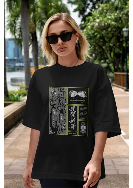 Neon Japanese Streetwear Ön Baskılı Siyah Oversize T-Shirt Erkek Kadın Bisiklet Yaka indirimleri