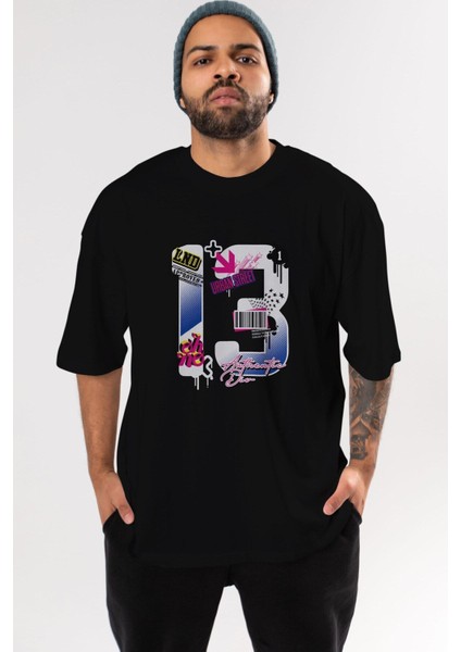 Urban Street 13 Ön Baskılı Siyah Oversize T-Shirt Erkek Kadın Bisiklet Yaka
