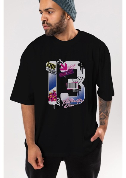 Urban Street 13 Ön Baskılı Siyah Oversize T-Shirt Erkek Kadın Bisiklet Yaka indirimleri