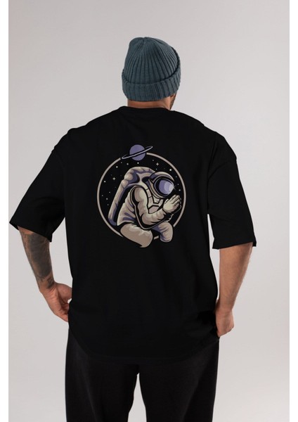 Astronaut Praying Arka Baskılı Siyah Oversize T-Shirt Erkek Kadın Bisiklet Yaka fırsatları