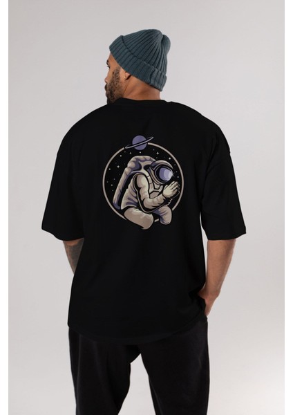Astronaut Praying Arka Baskılı Siyah Oversize T-Shirt Erkek Kadın Bisiklet Yaka indirimleri