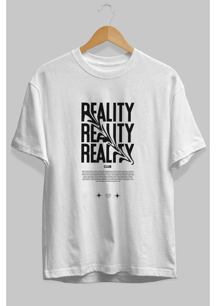 Reality Yazılı Ön Baskılı Beyaz Oversize T-Shirt Erkek Kadın Bisiklet Yaka