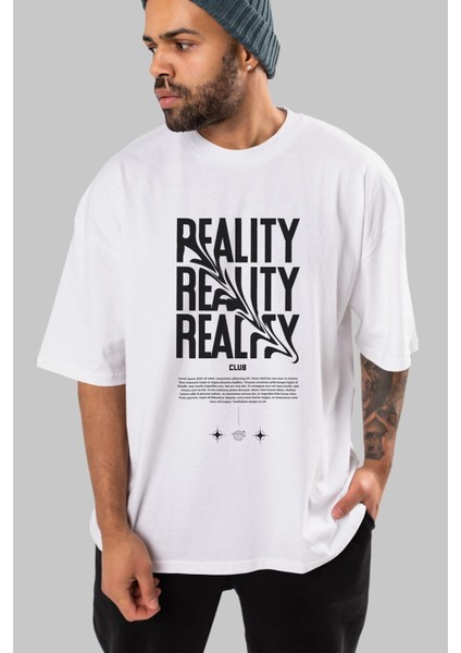 Reality Yazılı Ön Baskılı Beyaz Oversize T-Shirt Erkek Kadın Bisiklet Yaka fiyatları