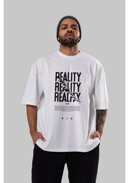 Reality Yazılı Ön Baskılı Beyaz Oversize T-Shirt Erkek Kadın Bisiklet Yaka modelleri