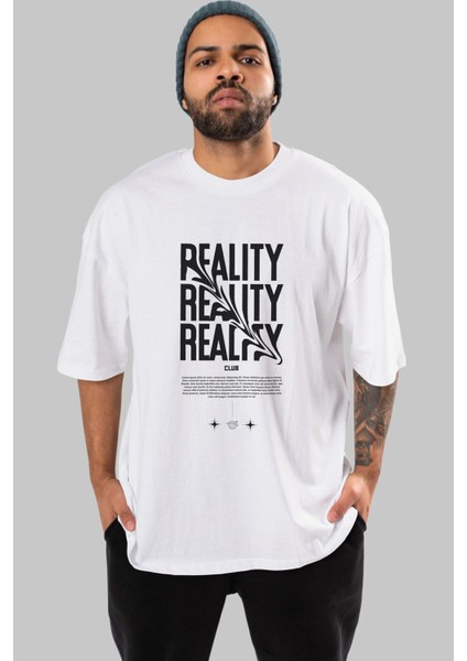 Reality Yazılı Ön Baskılı Beyaz Oversize T-Shirt Erkek Kadın Bisiklet Yaka fırsatları