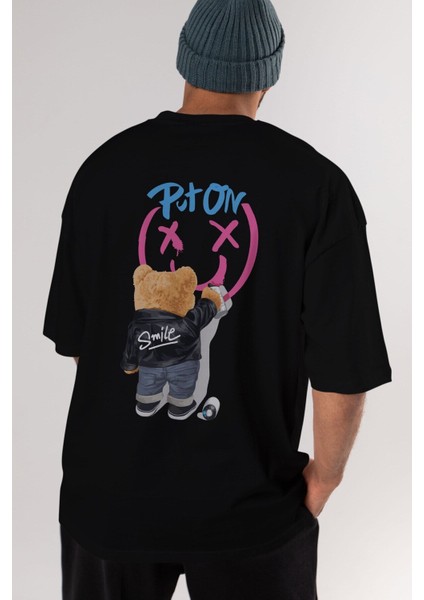 Put On Smile Bear Arka Baskılı Siyah Oversize T-Shirt Erkek Kadın Bisiklet Yaka