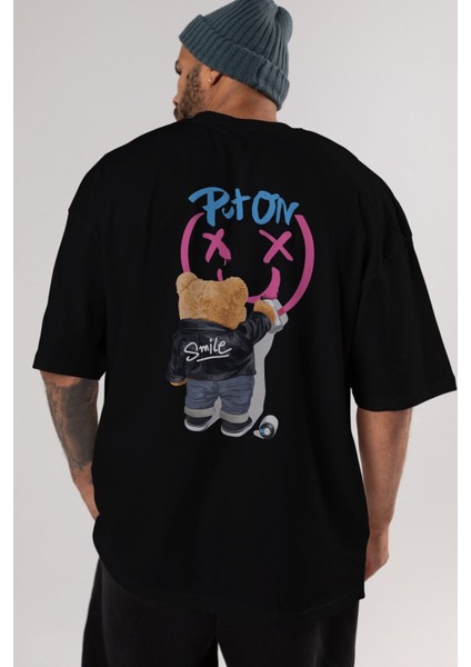 Put On Smile Bear Arka Baskılı Siyah Oversize T-Shirt Erkek Kadın Bisiklet Yaka fiyatları