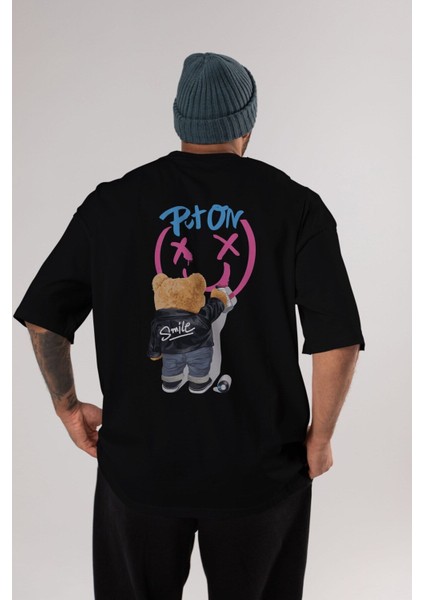 Put On Smile Bear Arka Baskılı Siyah Oversize T-Shirt Erkek Kadın Bisiklet Yaka modelleri