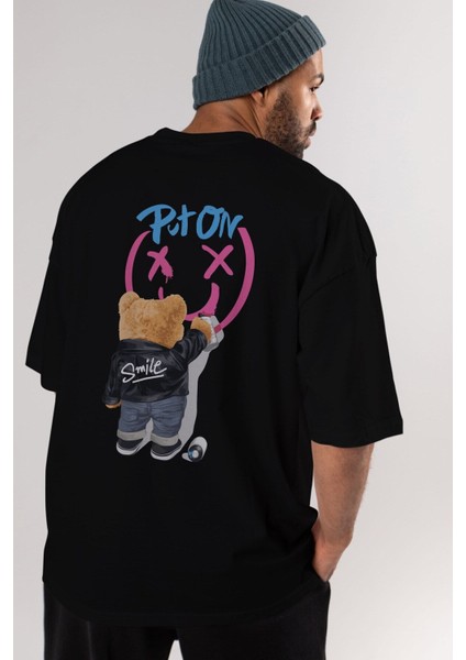 Put On Smile Bear Arka Baskılı Siyah Oversize T-Shirt Erkek Kadın Bisiklet Yaka fırsatları