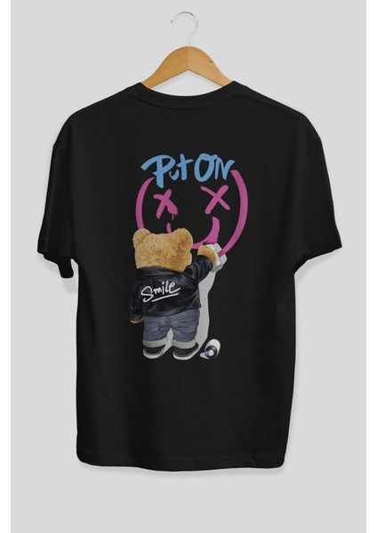 Put On Smile Bear Arka Baskılı Siyah Oversize T-Shirt Erkek Kadın Bisiklet Yaka indirimleri