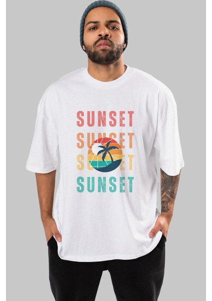 Sunset Yazılı Ön Baskılı Beyaz Oversize T-Shirt Erkek Kadın Bisiklet Yaka