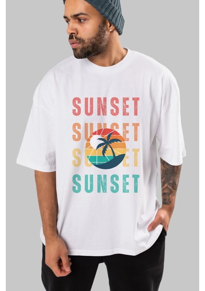 Sunset Yazılı Ön Baskılı Beyaz Oversize T-Shirt Erkek Kadın Bisiklet Yaka fiyatları