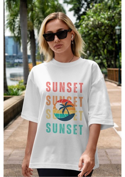Sunset Yazılı Ön Baskılı Beyaz Oversize T-Shirt Erkek Kadın Bisiklet Yaka modelleri