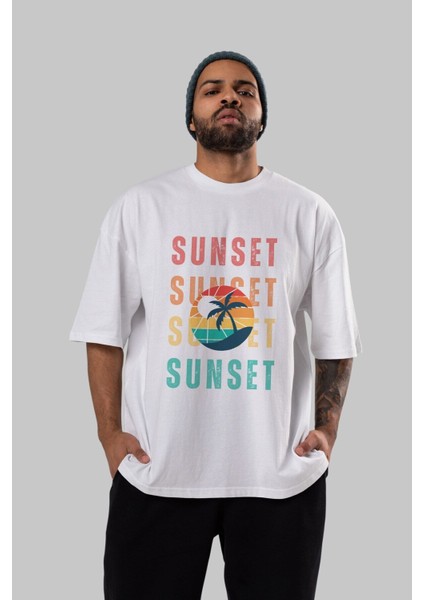 Sunset Yazılı Ön Baskılı Beyaz Oversize T-Shirt Erkek Kadın Bisiklet Yaka fırsatları
