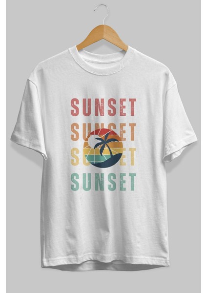 Sunset Yazılı Ön Baskılı Beyaz Oversize T-Shirt Erkek Kadın Bisiklet Yaka indirimleri