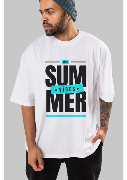 Summer Vibes 2 Ön Baskılı Beyaz Oversize T-Shirt Erkek Kadın Bisiklet Yaka