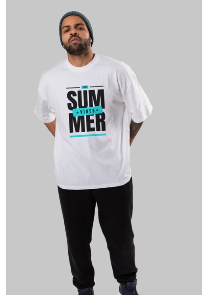 Summer Vibes 2 Ön Baskılı Beyaz Oversize T-Shirt Erkek Kadın Bisiklet Yaka