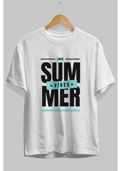 Summer Vibes 2 Ön Baskılı Beyaz Oversize T-Shirt Erkek Kadın Bisiklet Yaka